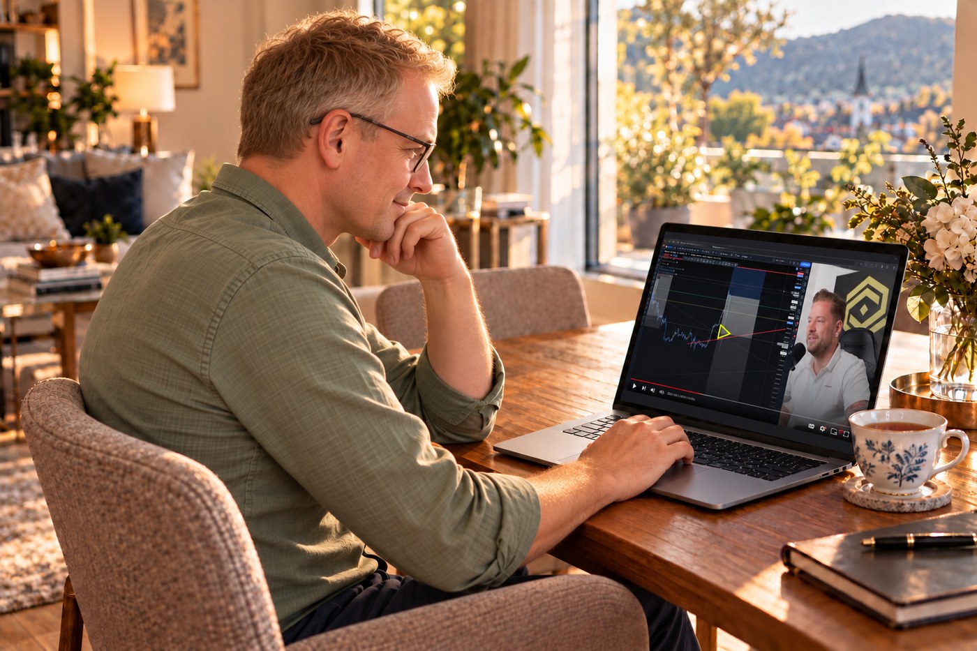 Ein Mann sitzt an einem Samstagnachmittag am Tisch, vor sich einen Laptop mit einem Online-Training und eine Tasse Tee