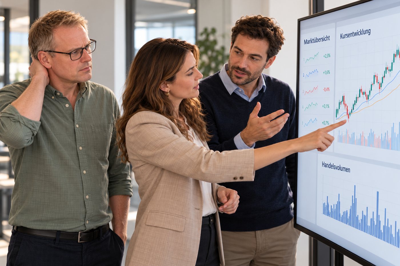 Ein Mann im Büro, nachdenklich, während Kollegen vor einem Bildschirm mit Kursdiagrammen sprechen